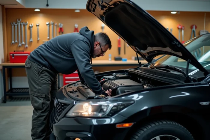 Homme inspectant le moteur de son SUV dans un garage maison bien organisé