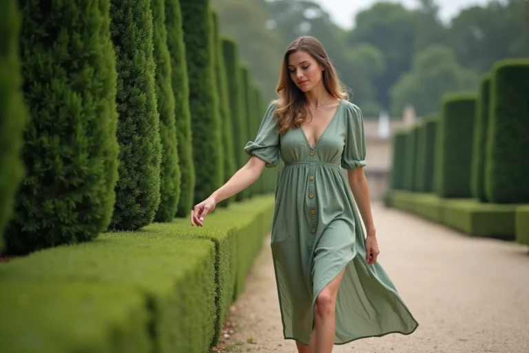 Femme se promenant dans une allée de buis taillés d'un jardin à la française avec un château en arrière-plan