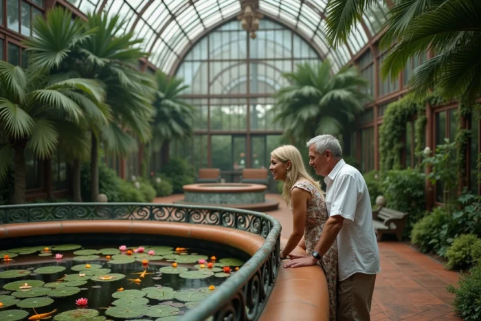 Couple observant des nénuphars dans un bassin d'une serre botanique victorienne en France