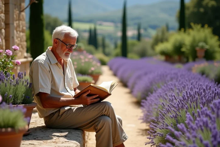 Homme âgé lisant sur un banc en pierre entouré de lavande et de rosiers dans un jardin provençal