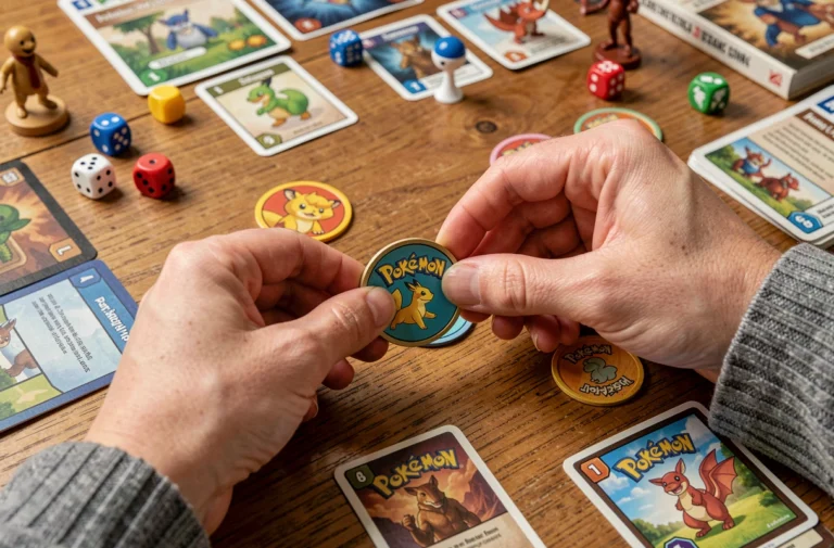 Mains posant des jetons Pokémon Ripraz sur un plateau de jeu en bois entouré de cartes et de dés