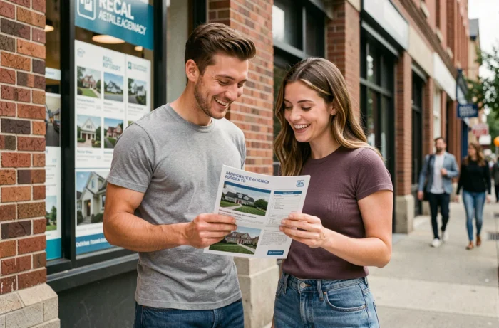 Jeune couple souriant devant une agence immobilière tenant une offre de prêt pour financer leur projet