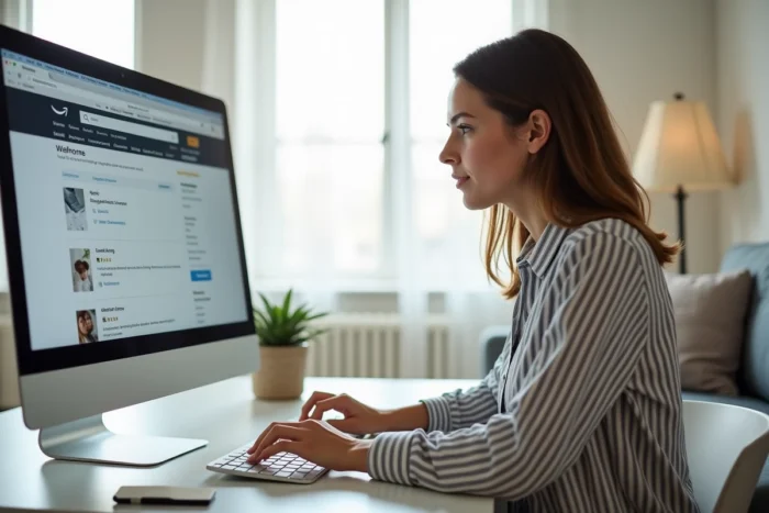 Jeune femme à son bureau naviguant sur le site Amazon pour archiver une commande depuis son ordinateur de bureau
