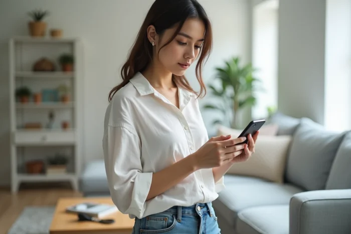 Jeune femme consultant le plan du site Attitude Canine sur smartphone dans un salon avec accessoires pour chien