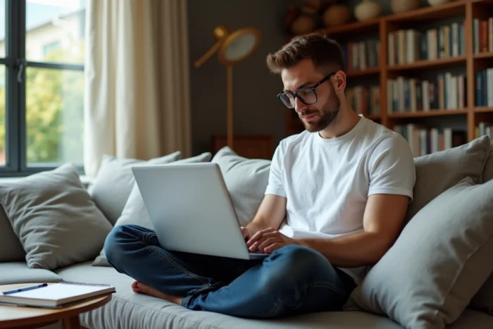 Un jeune homme travaille sur des outils SEO depuis son espace de travail à domicile avec un ordinateur portable