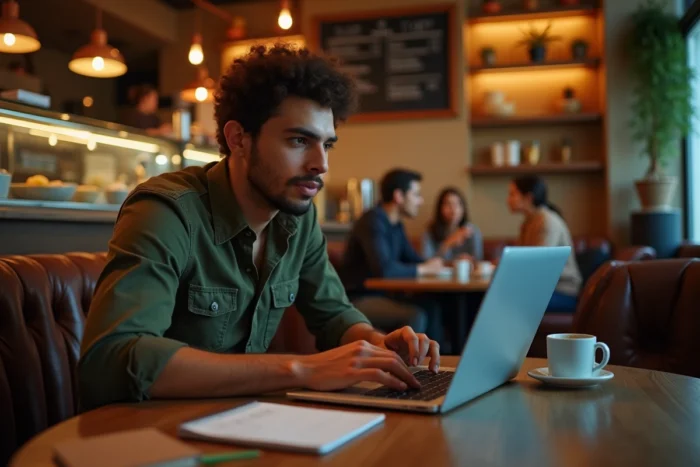 Jeune professionnel recherchant des offres d'emploi sur un ordinateur portable dans un café chaleureux avec un carnet de notes ouvert