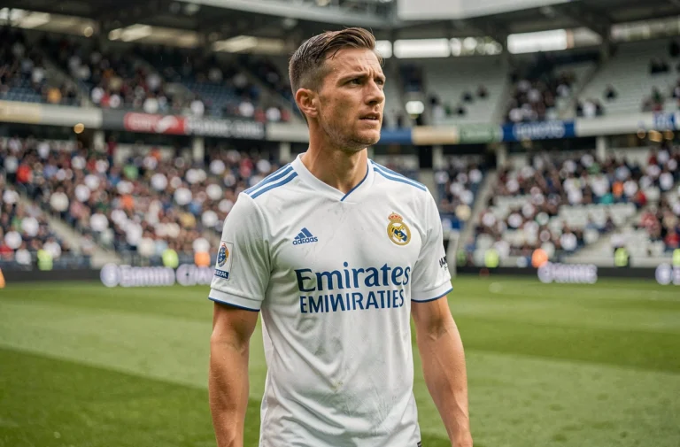 Joueur de football professionnel en maillot blanc du Real Madrid sur la pelouse du stade Santiago Bernabéu