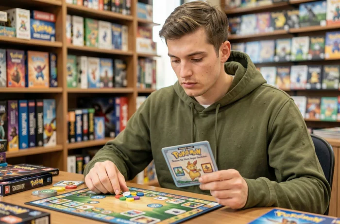 Joueur adulte réfléchissant à sa stratégie avec des jetons Pokémon Ripraz lors d'une partie en boutique de jeux