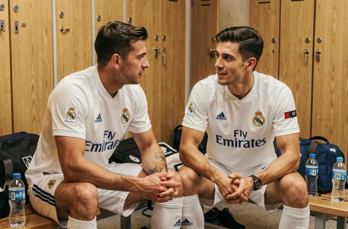 Deux joueurs du Real Madrid en tenue d'entraînement discutant dans le vestiaire après une séance d'entraînement