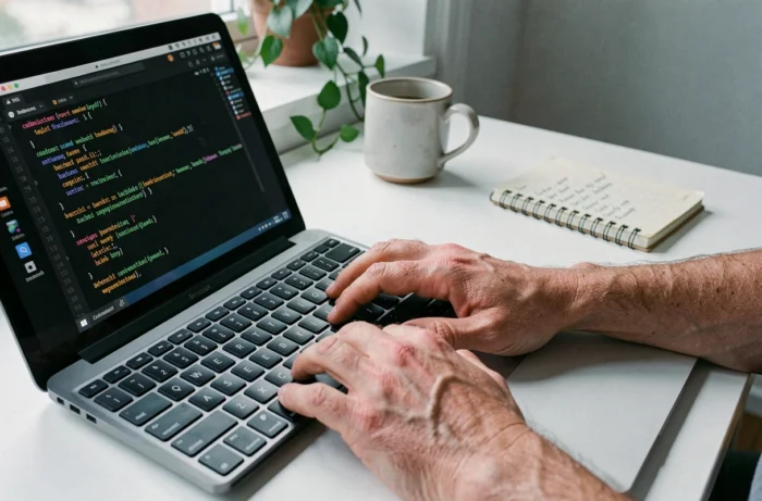 Mains d'un développeur tapant un script Python d'automatisation pour la gestion d'un site web sur un bureau minimaliste