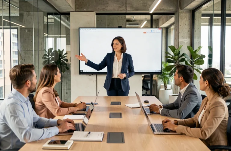 Manager femme dirigeant une réunion d'équipe dans une salle de conférence moderne avec des collaborateurs attentifs autour d'une table