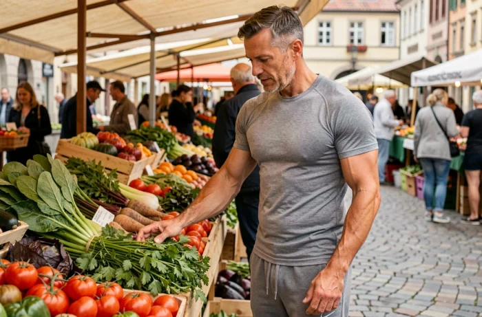 Homme sportif choisissant des légumes frais et biologiques sur un marché de producteurs en plein air, illustrant les habitudes alimentaires végétariennes