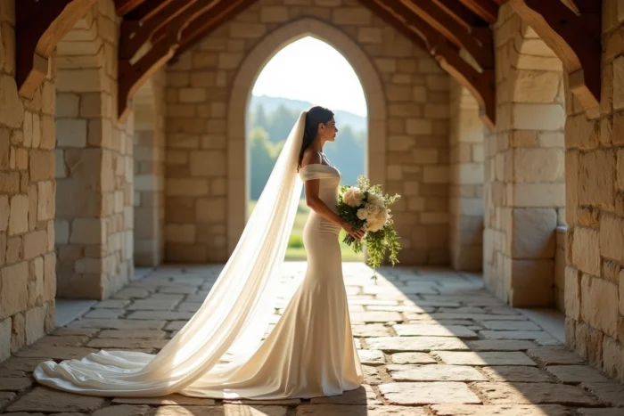 Mariée en robe longue tenant un bouquet de pivoines blanches dans une chapelle en pierre rustique lors d'un mariage unique
