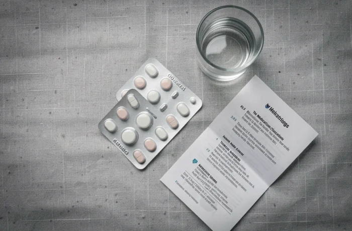 Vue rapprochée de plaquettes de médicaments antihistaminiques et antidouleurs posées sur une surface en lin gris avec une notice médicale dépliée