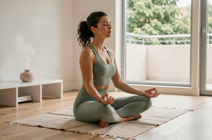 Jeune femme en méditation sur un tapis de yoga dans un salon épuré, bien-être et relaxation au quotidien