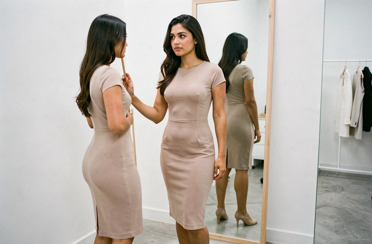 Jeune femme latine devant un miroir en pied dans un dressing minimaliste, mettant en valeur sa silhouette et ses mensurations
