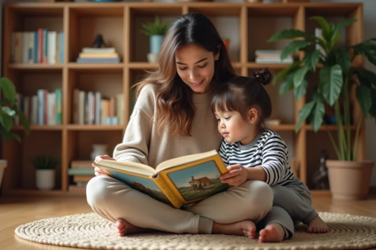 Une mère et sa fille lisent ensemble un livre illustré sur le sol d'un salon chaleureux, illustrant l'accompagnement éducatif au quotidien