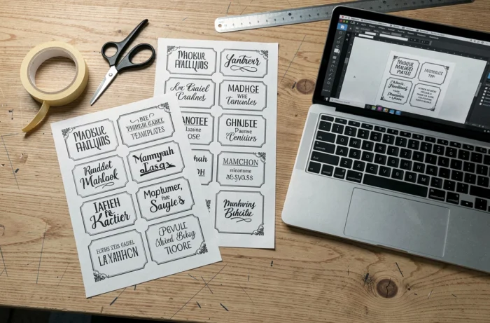 Bureau avec modèles d'étiquettes de boîte aux lettres imprimés, ciseaux et ruban adhésif pour personnalisation