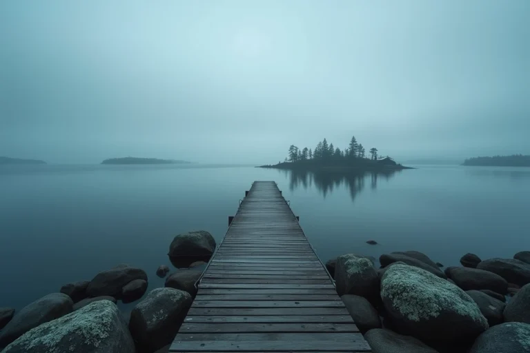 Ponton en bois brumeux sur l'archipel suédois de Sandhamn au crépuscule, atmosphère mystérieuse et isolée