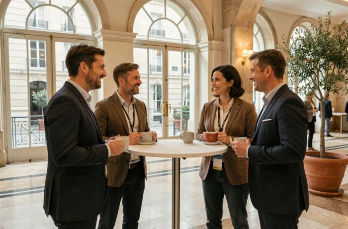 Groupe de professionnels en train de networker lors d'une pause café dans le lobby d'un centre de conférences parisien