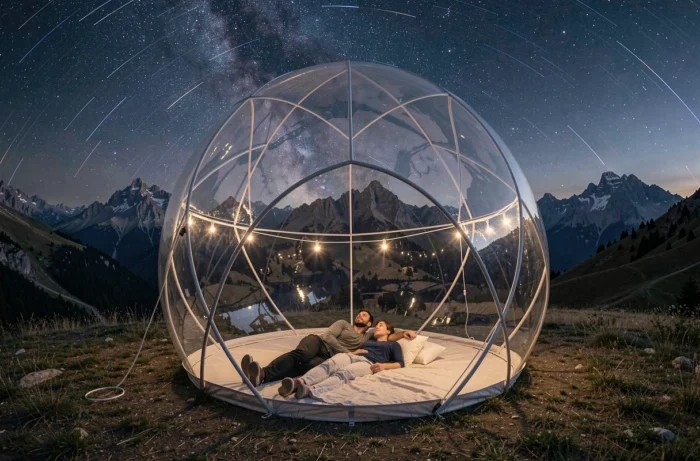 Couple installé dans une bulle transparente dans le piémont pyrénéen, contemplant un ciel étoilé avec les Pyrénées en arrière-plan