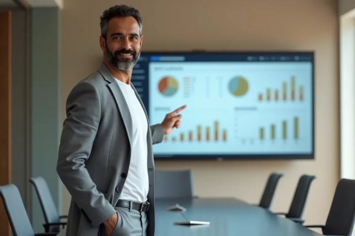 Homme d'affaires présentant des données de parcours professionnel sur un écran digital dans une salle de réunion moderne