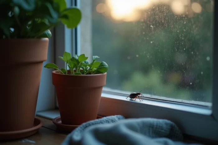 Un perce-oreille forficule découvert sur le rebord d'une fenêtre de cuisine à l'intérieur d'une maison, près d'une plante aromatique en pot en terre cuite