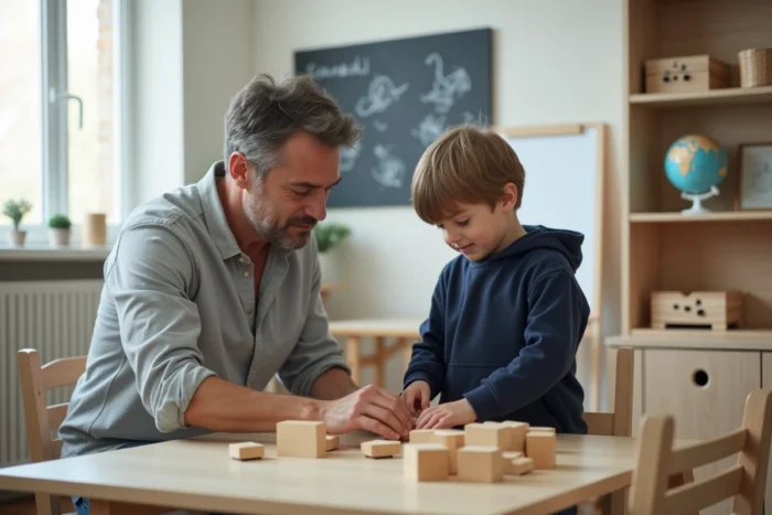 Un père accompagne son fils dans un exercice d'apprentissage avec des blocs en bois dans un espace dédié à l'éducation à la maison