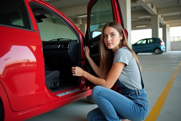 Femme personnalisant la carrosserie de sa voiture avec un sticker vinyle dans un parking urbain