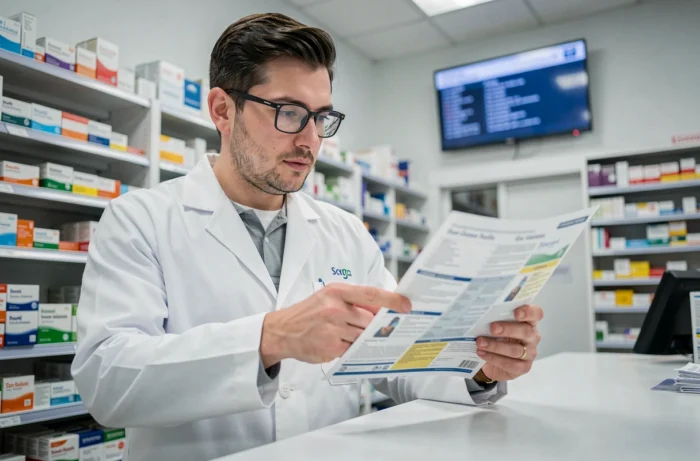 Pharmacien expliquant les interactions médicamenteuses entre Aerius et Doliprane en tenant une notice médicale dans une pharmacie