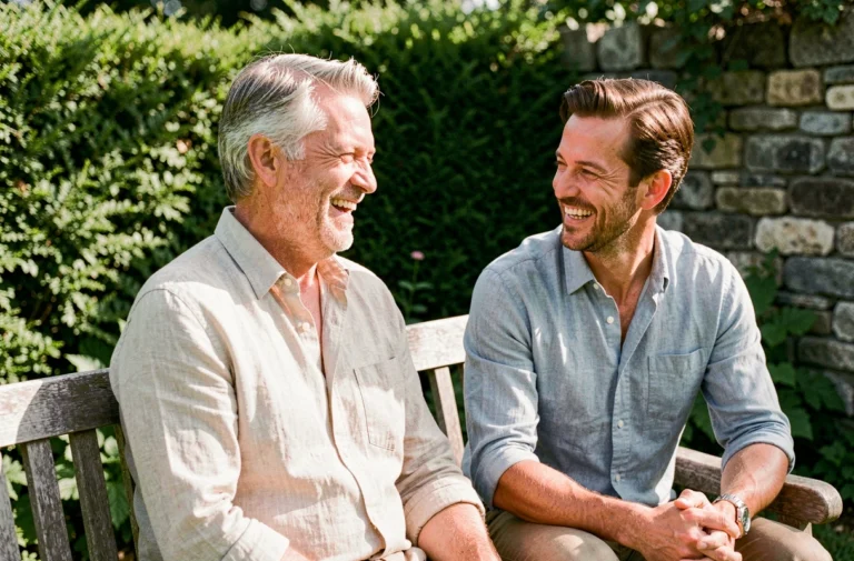 Philippe Gougler et son compagnon partageant un moment complice dans un jardin privé