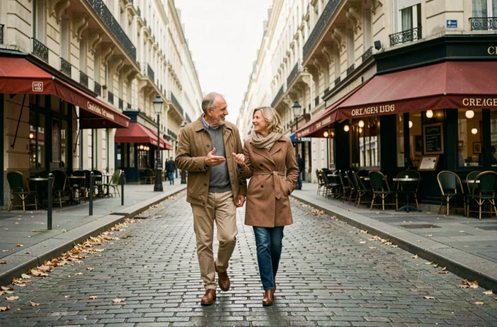 Philippe Gougler et son compagnon se promenant dans les rues de Paris en couple complice