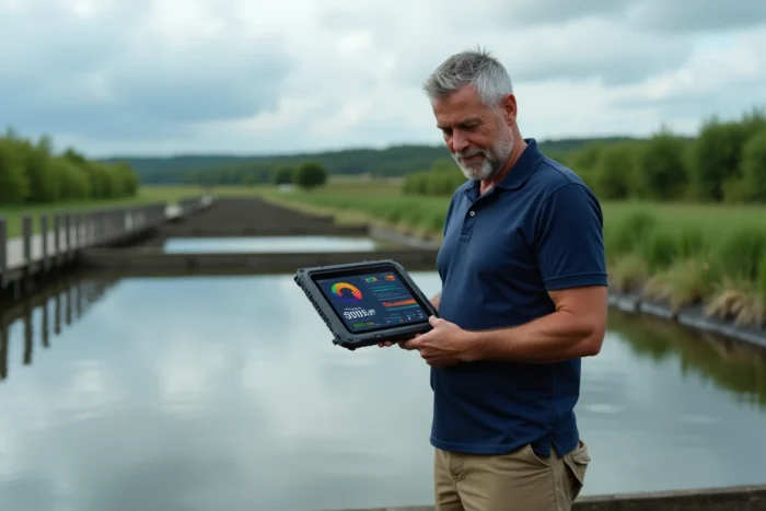 Pisciculteur consultant un tableau de bord numérique sur tablette au bord d'un bassin d'élevage de poissons