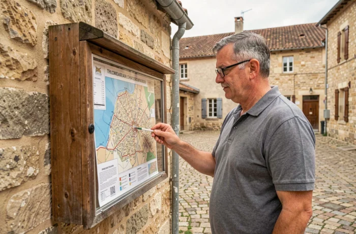 Habitant consultant le plan d'orientation de la commune de Beynat dans la place du village