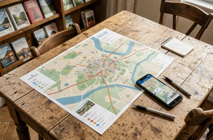 Plan du site imprimé de Beynat posé sur une table avec smartphone et notes manuscrites pour faciliter la navigation