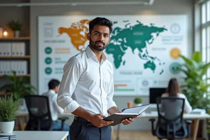 Professionnel de l'ONU présentant les objectifs de développement durable et les principes de paix internationale dans un bureau moderne