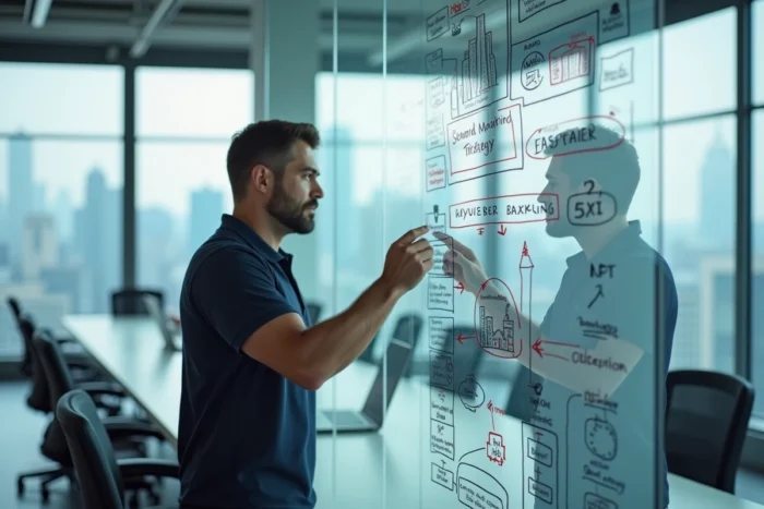 Un professionnel présente une stratégie de référencement naturel sur un tableau blanc dans une salle de réunion