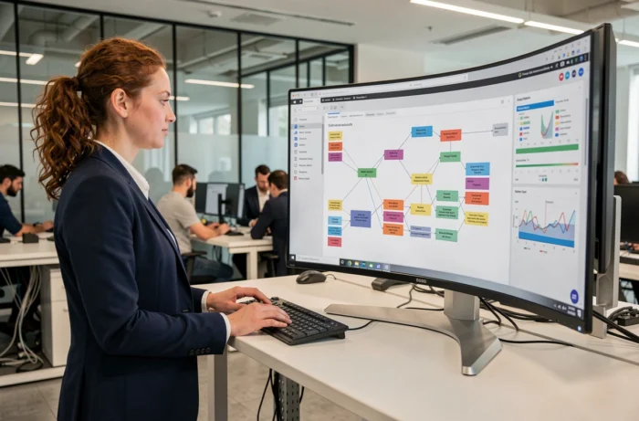 Professionnelle en informatique consultant un tableau de bord d'automatisation de scripts pour site web dans un bureau open space