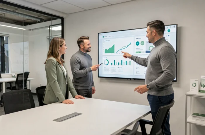 Deux professionnels du digital collaborant autour d'un écran interactif affichant des tendances web et des stratégies numériques dans une salle de réunion moderne
