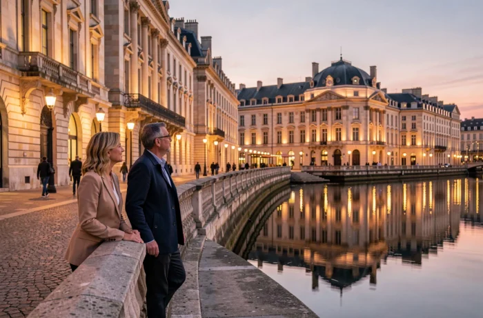 Couple se promenant sur les quais illuminés de Bordeaux au crépuscule avec le reflet du Miroir d'eau