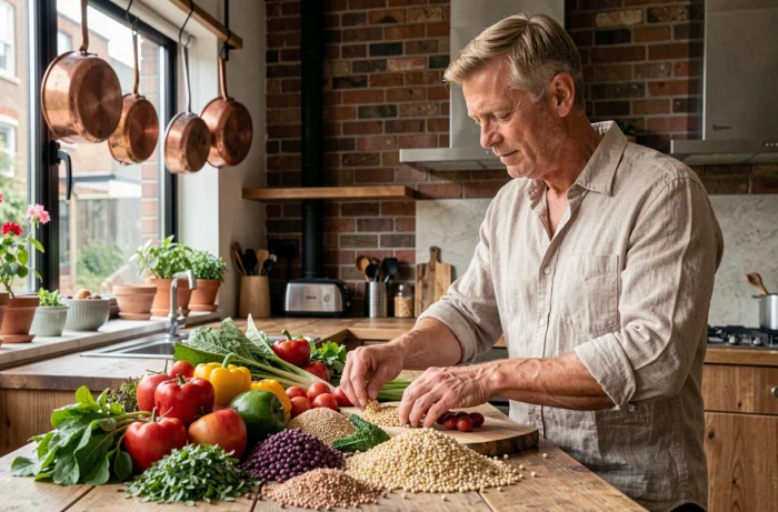 Homme en forme préparant un repas végétarien équilibré dans une cuisine moderne avec légumes frais et céréales sur un comptoir en bois rustique