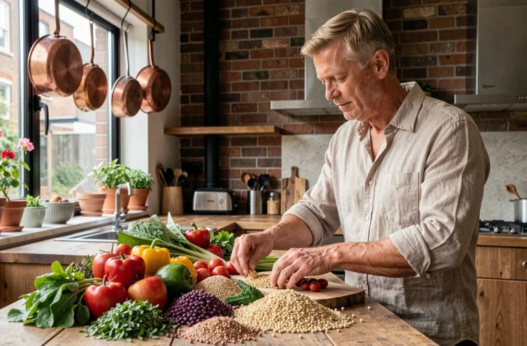 Homme en forme préparant un repas végétarien équilibré dans une cuisine moderne avec légumes frais et céréales sur un comptoir en bois rustique