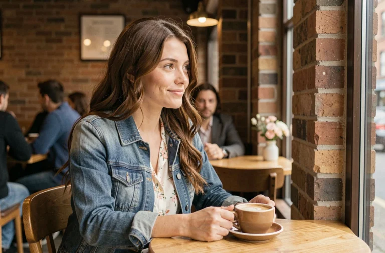 Jeune femme pensive dans un café urbain, évoquant une histoire d'amour et de souvenirs liés à une relation célèbre