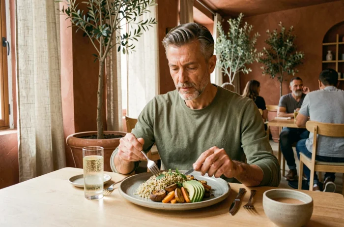 Homme en bonne santé examinant un plat végétarien gastronomique à base de quinoa et légumes rôtis dans un restaurant végétarien tendance