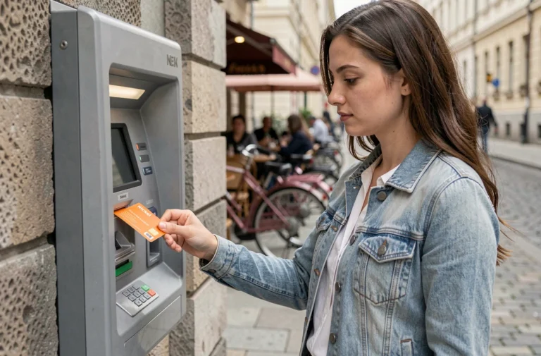 Jeune femme insérant une carte Nickel orange dans un distributeur automatique en plein air, illustrant le plafond de retrait carte Nickel
