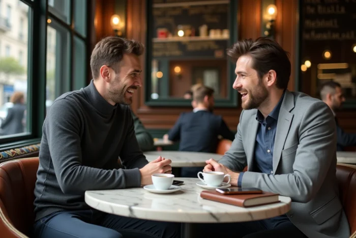 Deux entrepreneurs discutant d'affaires autour d'un café dans une brasserie parisienne chic