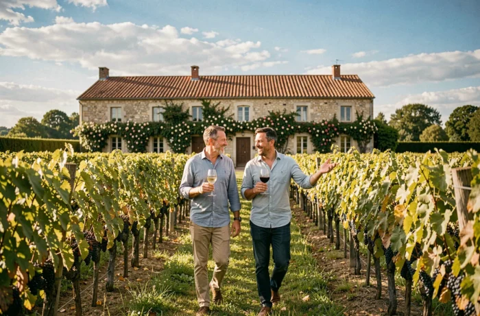 Couple se promenant dans les vignes du Gers avec des verres de vin blanc, avec un domaine viticole en arrière-plan