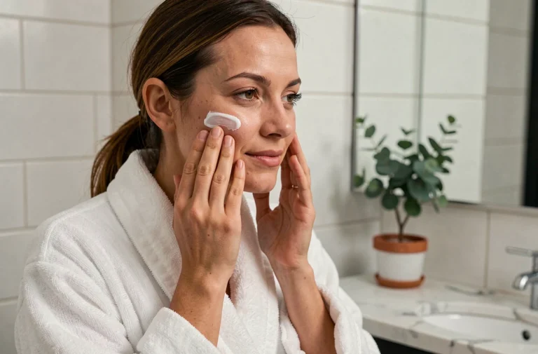 Femme appliquant une crème hydratante sur son visage devant un miroir de salle de bain, routine beauté quotidienne