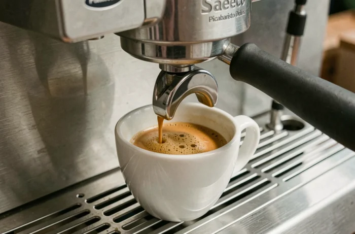 Gros plan d'un expresso avec crème dorée tiré par la Saeco Picobaristo Deluxe dans une tasse en céramique blanche
