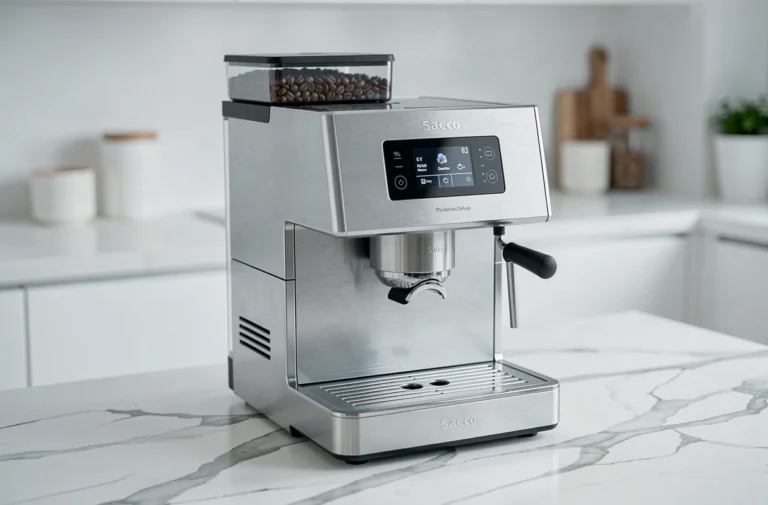 Machine à café automatique Saeco Picobaristo Deluxe posée sur un comptoir en marbre blanc dans une cuisine moderne